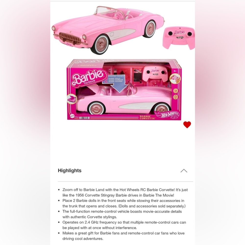 LAST ONE💕MUST FOR BARBIE LOVERS!! Barbie Hot Wheels Remote Control Corvette!NIB - Picture 6 of 7